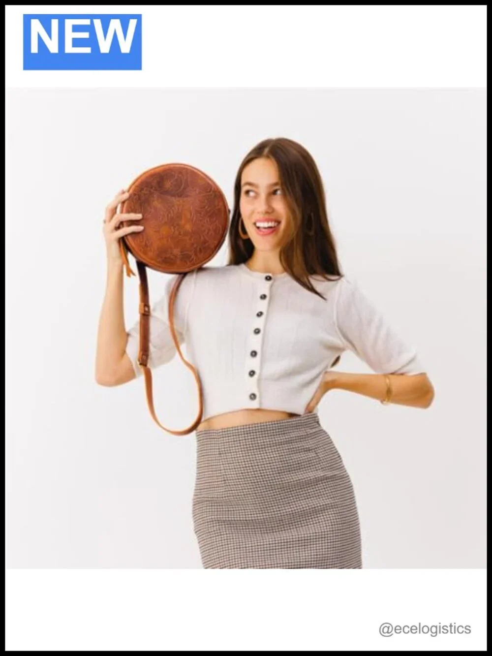Womens Circle Leather Crossbody Bag Adjustable Strap Full-Grain